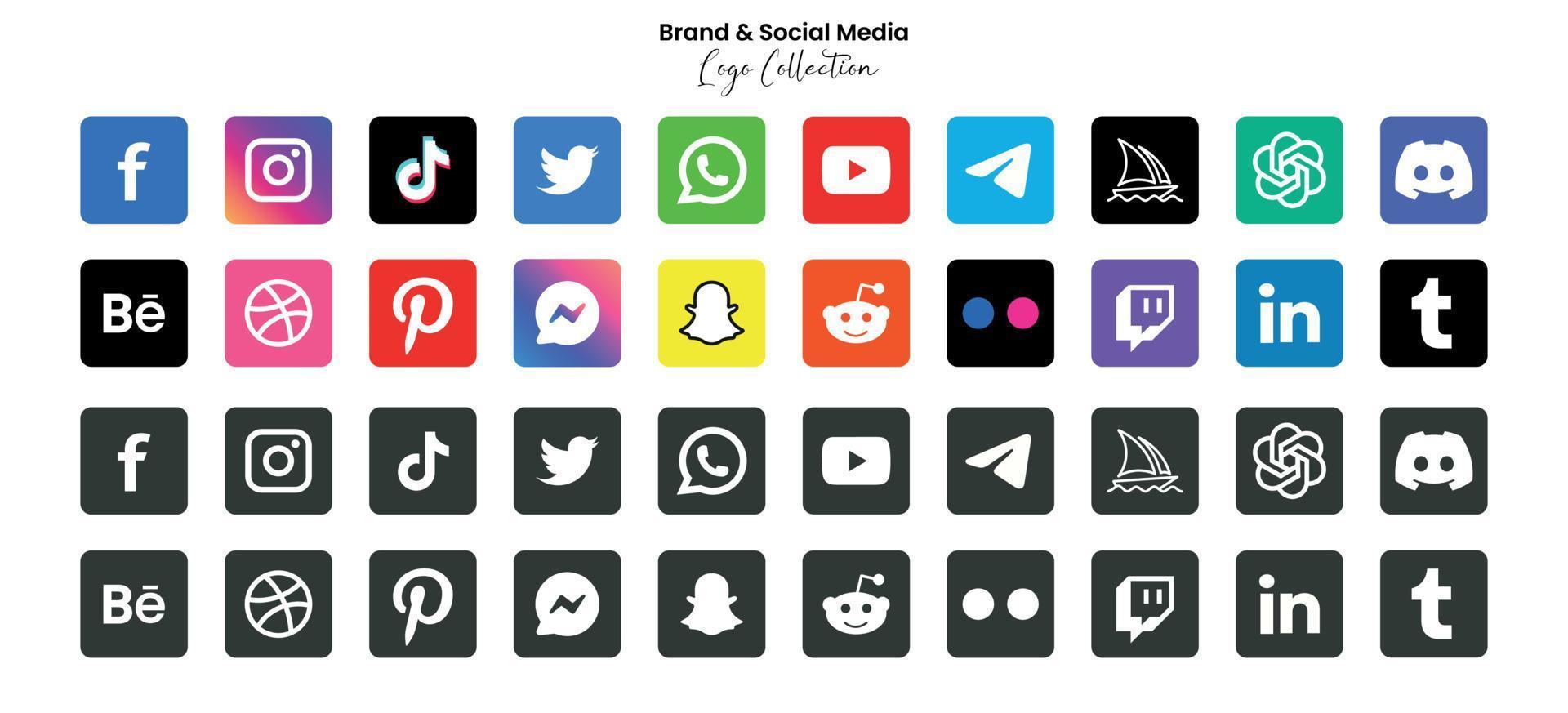 Popular social network symbols, social media logo icons collection, instagram, facebook, twitter, youtube, chatgpt, midjourney, disccord and etc. social media icons vector