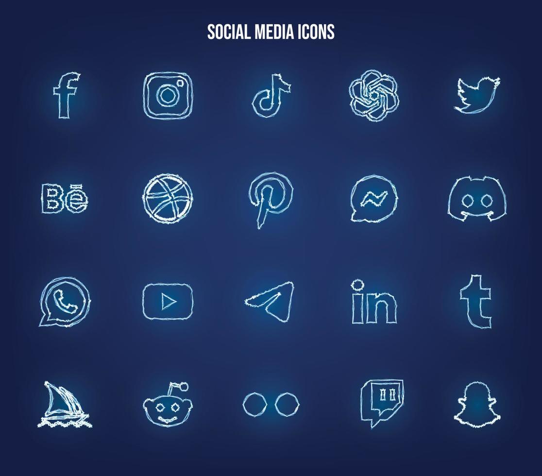 Popular social network symbols, social media logo icons collection, instagram, facebook, twitter, youtube, chatgpt, midjourney, disccord and etc. social media icons with light effect vector