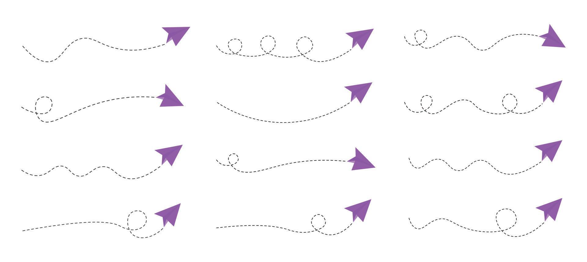 Set of dashed line paper airplane route vector