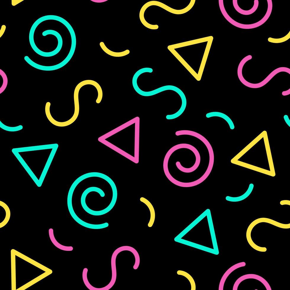 Seamless pattern of squiggles on a black background. Random fun colored squiggles in the style of the 90s. vector