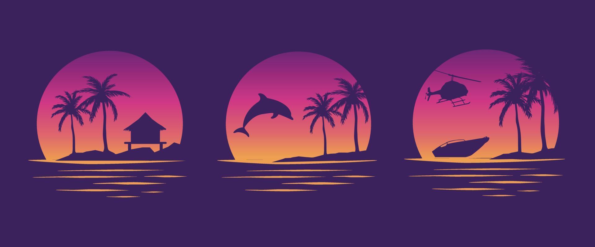 Beaches, dolphins and boats. Miami California Hawaii design. Old school tattoo vector art. Red Sunsets with sillhouettes. Vector Graphics for apparel t-shirt