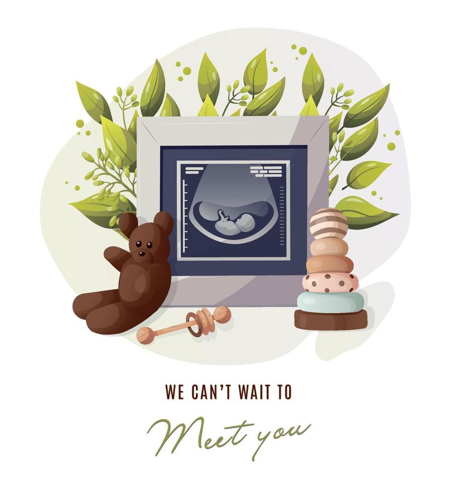 Ultrasound baby scan. Positive pregnancy test ultrasound image with a fresh tree branch, teddybear, wooden pyramid and wooden rattle. Fetus silhouette. Medical diagnosis and consultation. Vector flat.