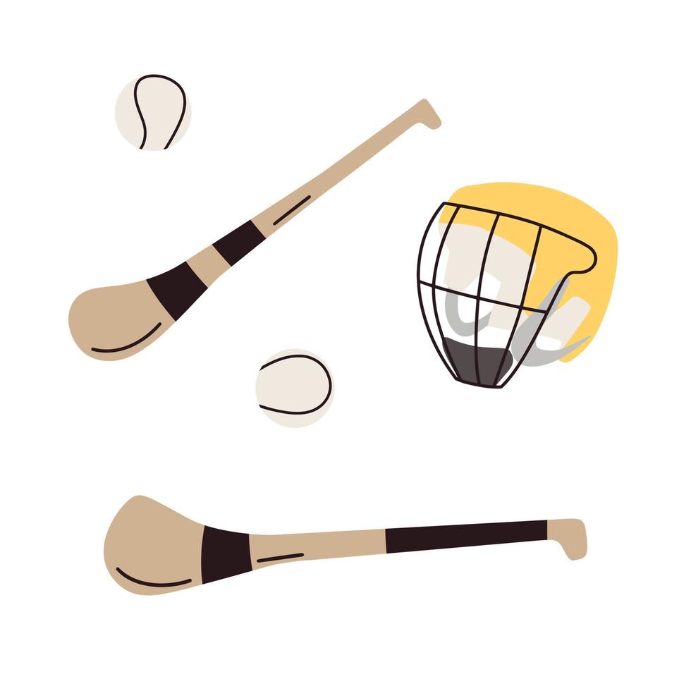 Hurling game stick, ball and helmet icons. Gaelic football sport equipment. Vector illustration isolated on white background.