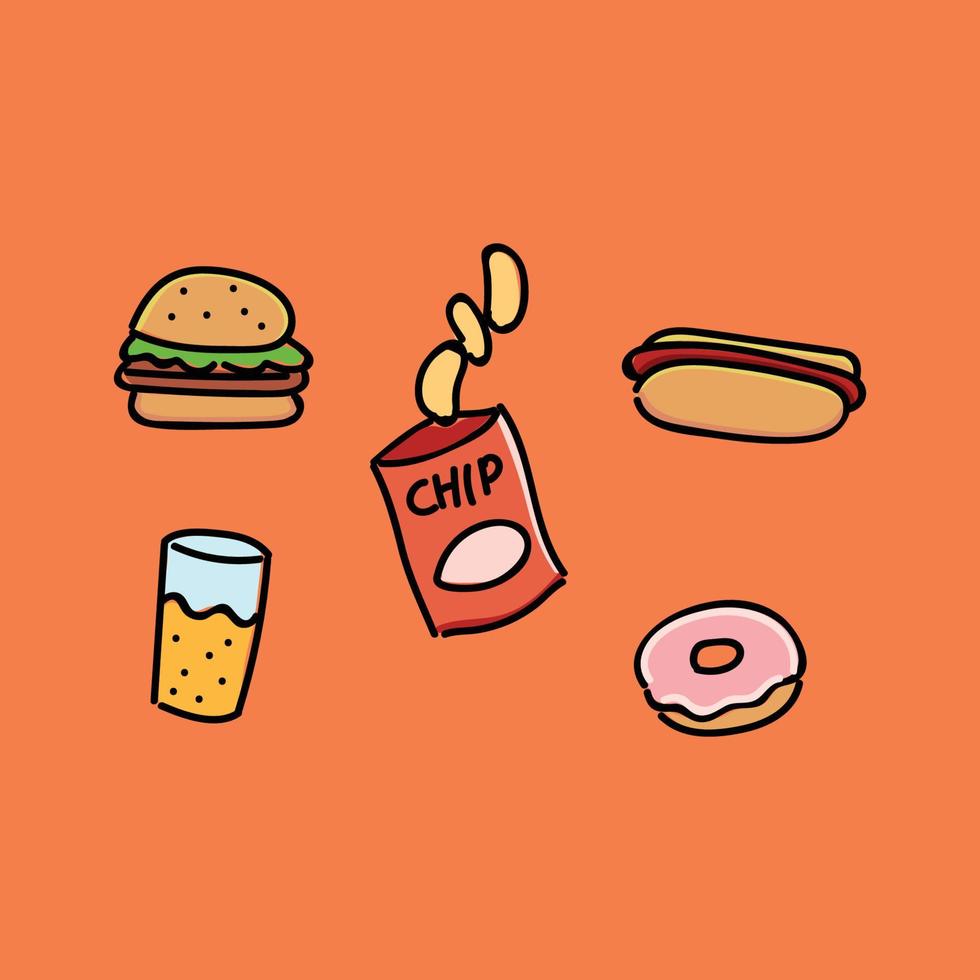 various kinds of junk food or unhealthy food icon design illustrations. Fastfood, sweet and fat eating product set Colored vector illustration isolated on orange background