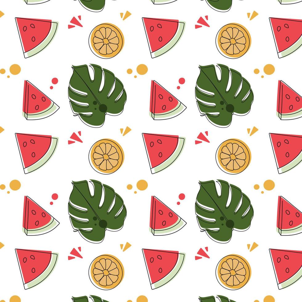 Colorful seamless summer pattern with tropical fruits. Lemon, watermelon and tropical leave on a white background. Vector illustration.