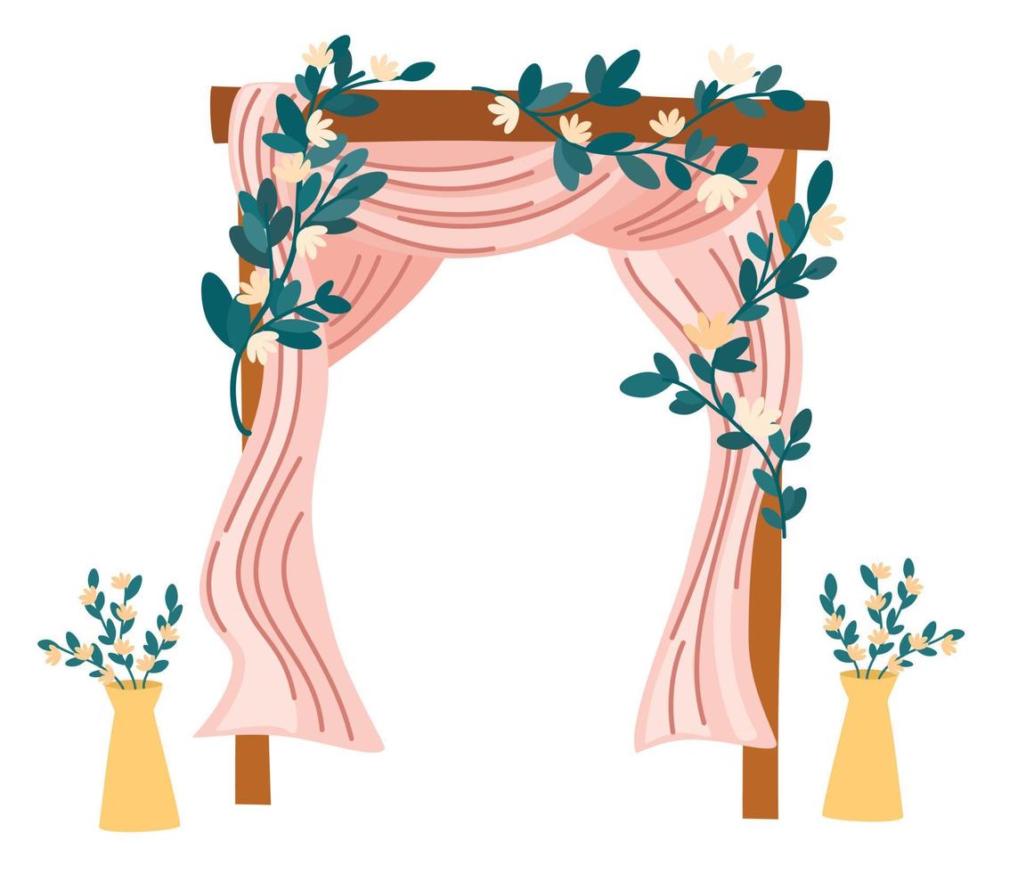 Beautiful wedding arch with flowers, leaves and branches. Decor for marriage ceremony. Vector hand draw illustration isolated on the white background.
