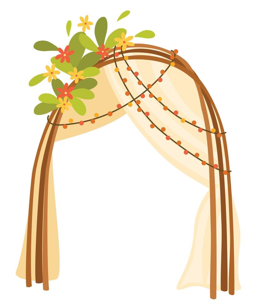 Wedding altar. Beautiful wedding arch with flowers, leaves and garlands. Altar for the marriage ceremony. Vector hand draw illustration isolated on the white background.