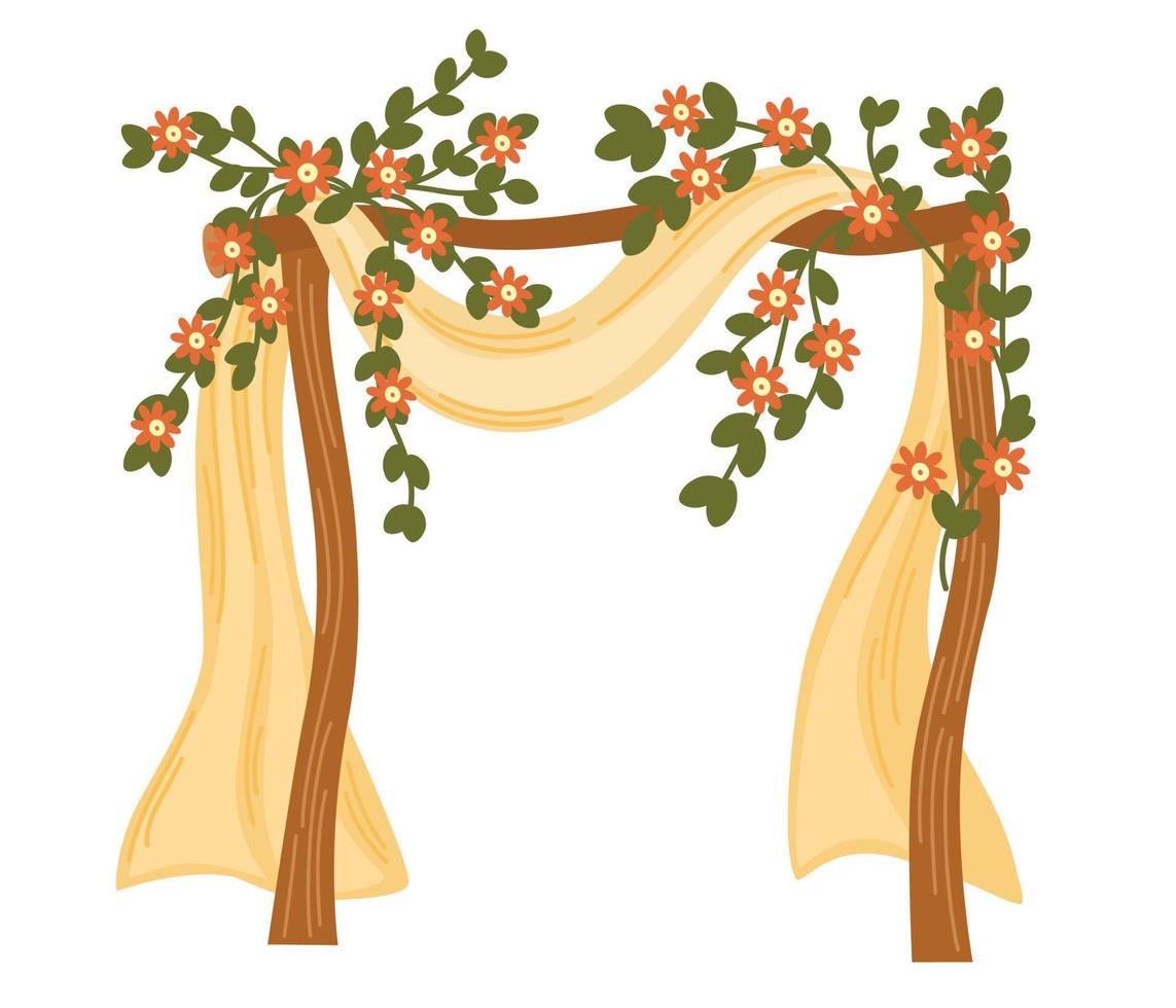 Wedding arch. Decor for marriage ceremony, party and birthday. Wedding Altar with flowers, leaves and branches. Vector hand draw illustration isolated on the white background.