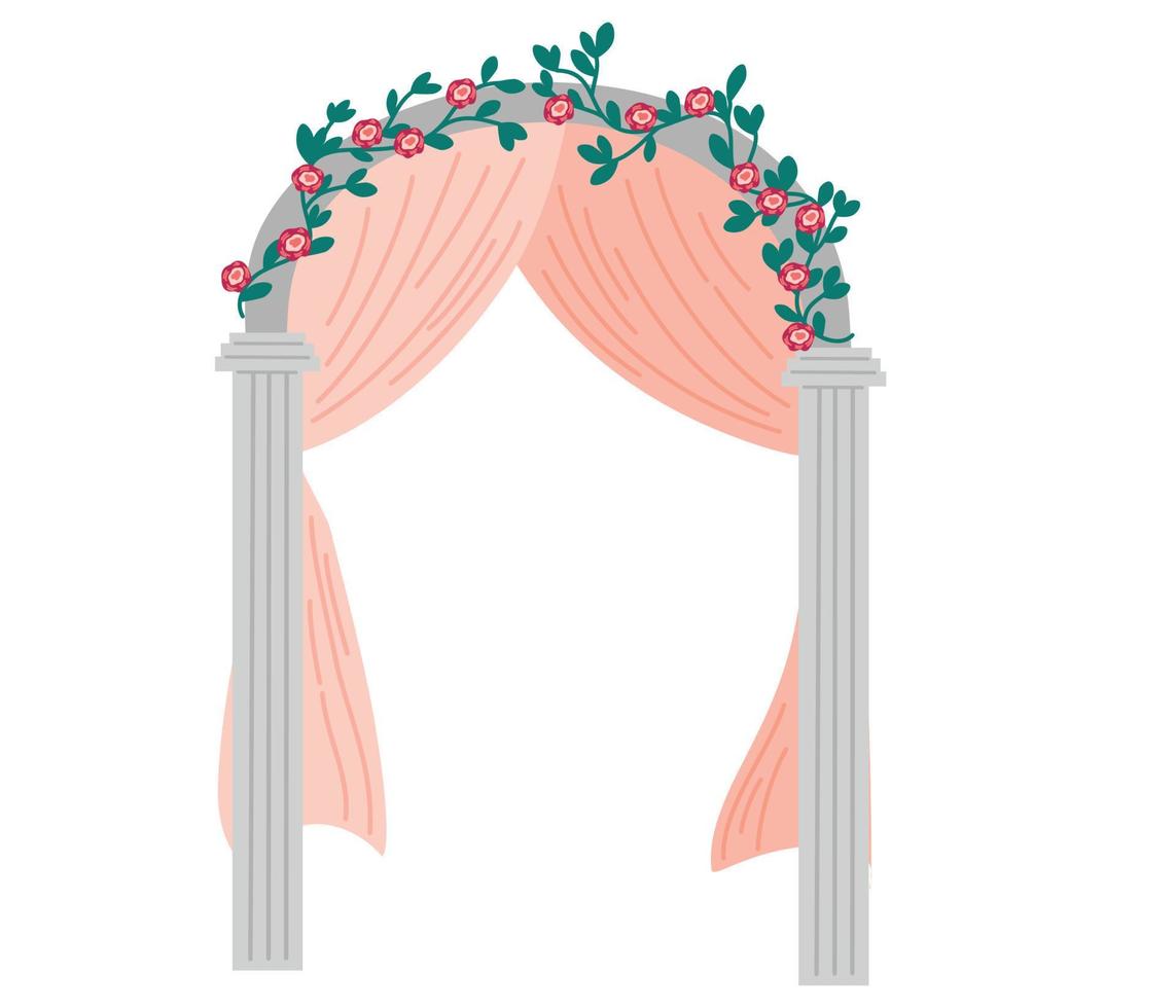 Beautiful wedding arch with flowers, leaves and branches. Vintage floral design. Vector hand draw illustration isolated on the white background.