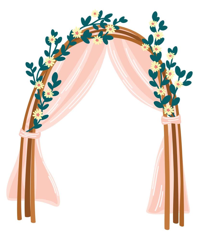 Wedding arch. Beautiful Altar for the marriage ceremony in boho style, with flowers, leaves and garlands. Vector hand draw illustration isolated on the white background.