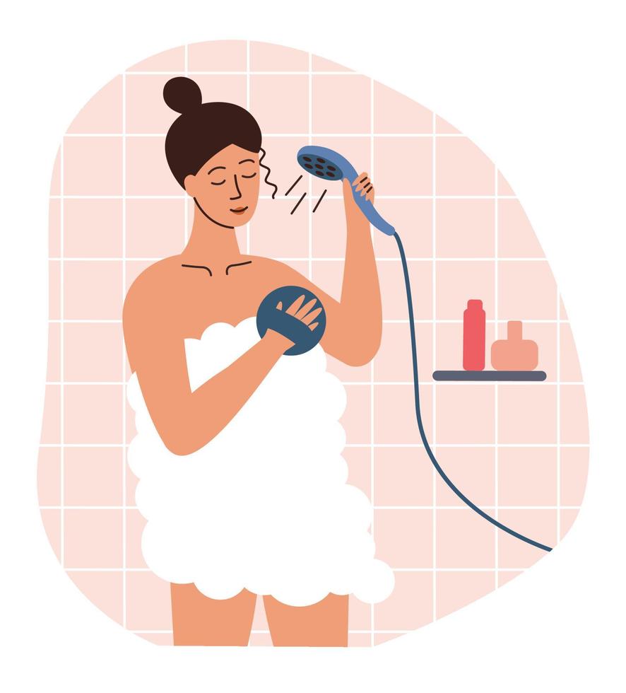 mujer toma un ducha. baños y higiene. tomando ducha, higiene y relajación, baño concepto. plano vector ilustración.