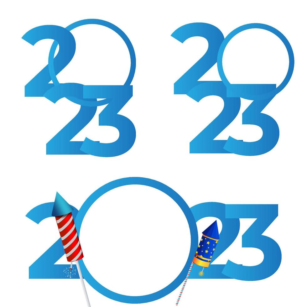 Set 2023 Happy New Year text designs. Big circle with fireworks rocket and blank space for design. Greeting card, concept of New Year's celebration. Vector illustration