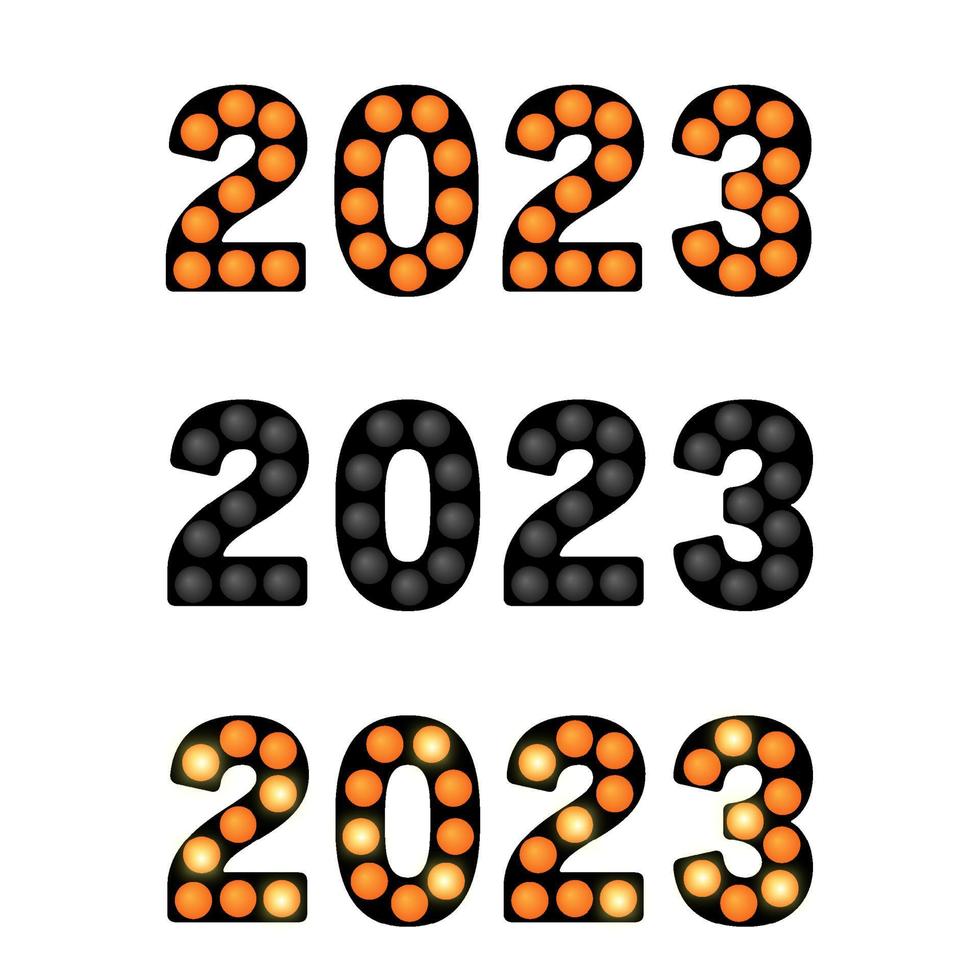 Happy New Year 2023 marquee lights text template with white background. vector