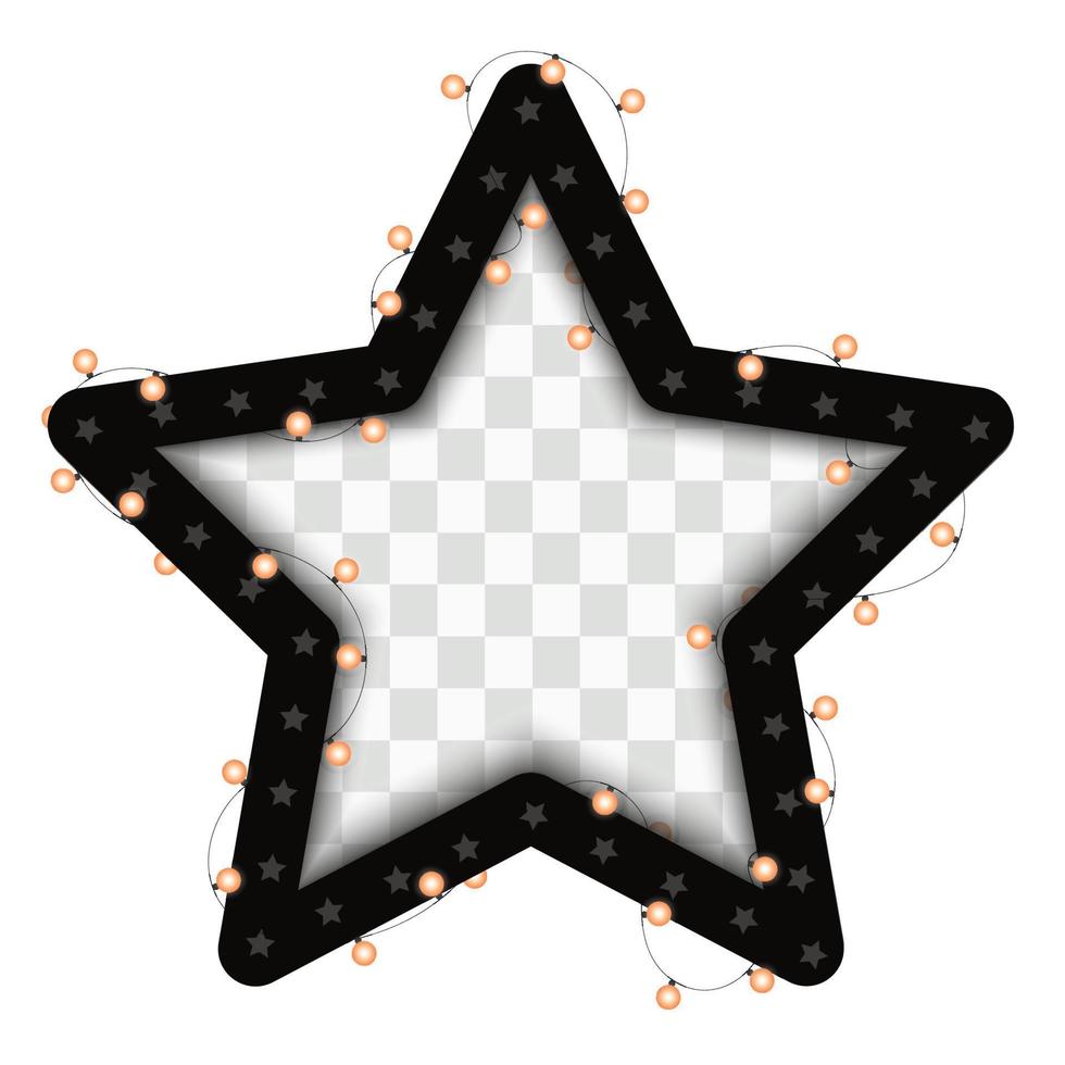 Christmas bright lights on black star frame. Template with realistic lights on transparent background. Star with realistic lights garland on transparent background. vector