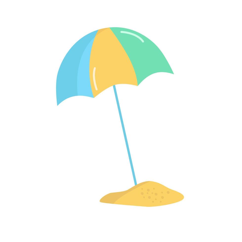 Beach umbrella standing in sea sand. Vector illustration of parasol from sun and rain. Necessary thing for vacation.