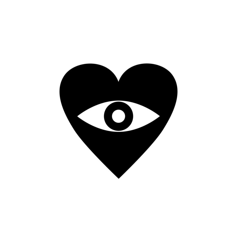 Heart icon. Black and white silhouette of heart-shaped with eye. Vector illustration of mystical pictogram. Symbol of enlightenment of mind, spirituality and meditation.