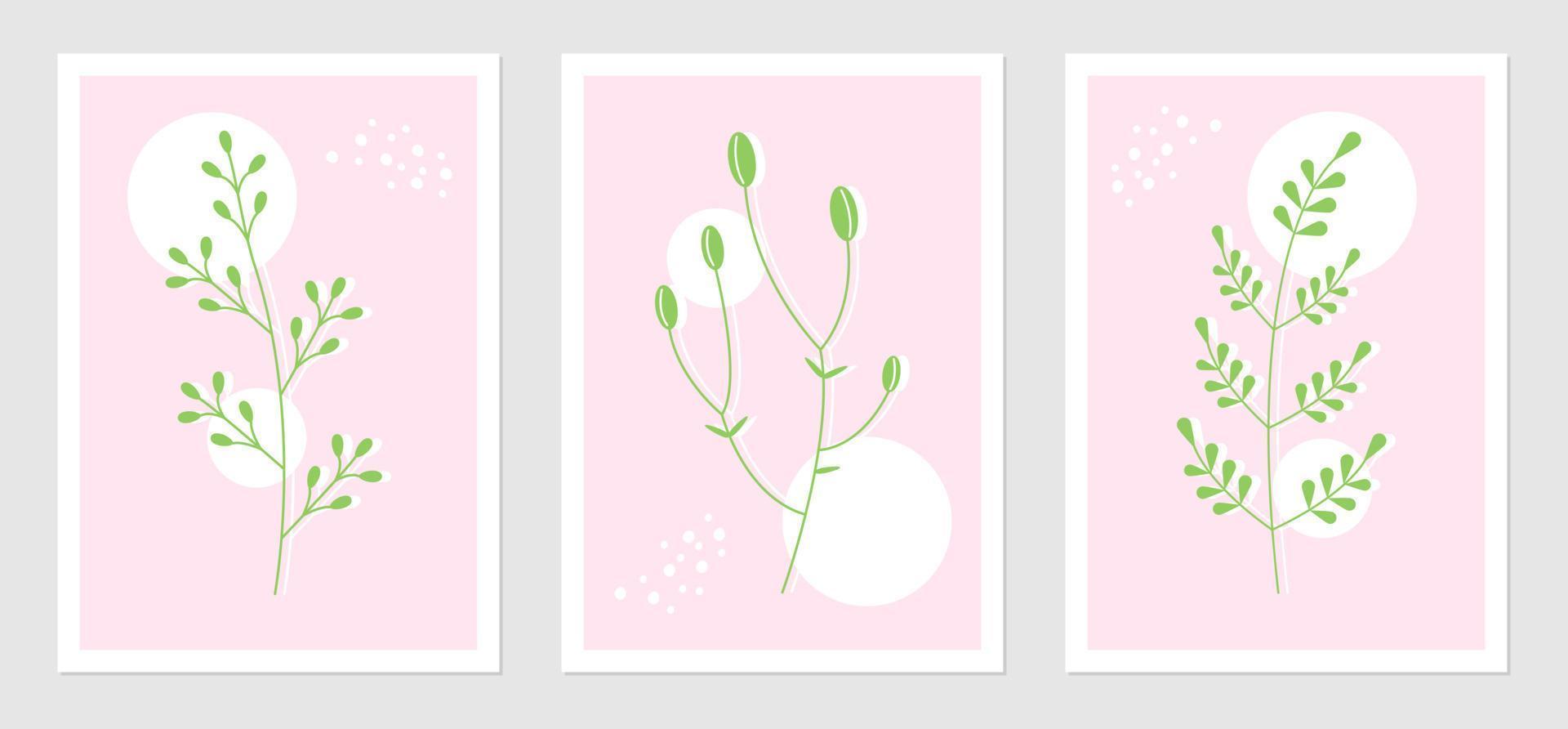 Abstract posters set with plant elements and geometric shapes. Botanic vector illustration of twigs. Concept for interior design in pink green colors.