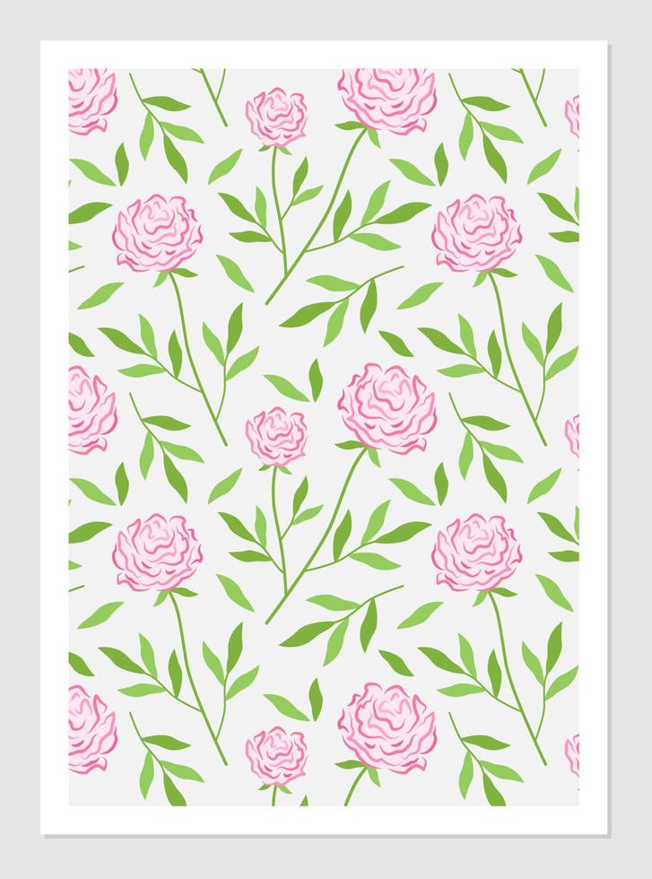 Poster with pink peonies. Floral vector illustration of roses on twigs with green leaves. Botanical drawing for interior design. Background with vintage flowers.