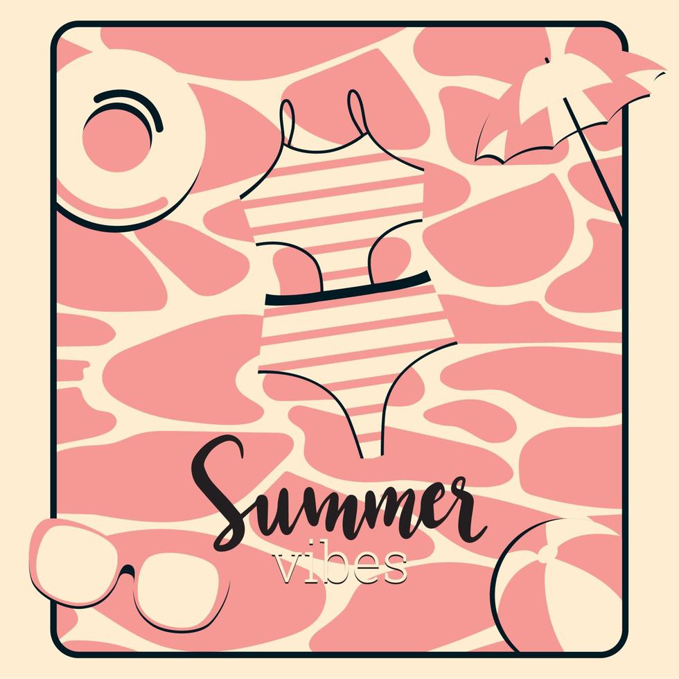 Pink summer poster with bikini and umbrella Vector illustration