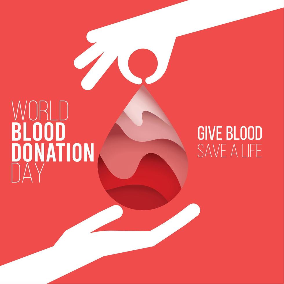 Blood donation concept poster Hand holding blood drop Vector illustration