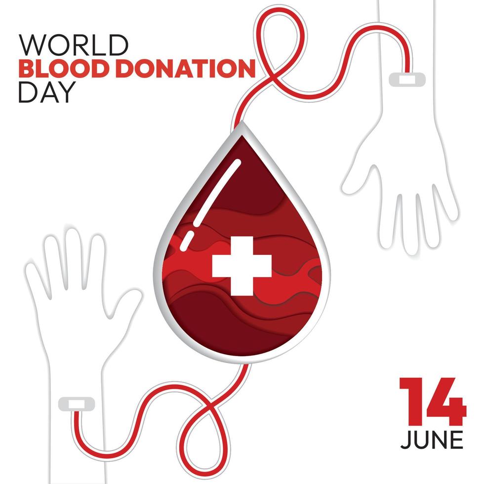 Blood donation concept poster hands attached to blood drop Vector illustration