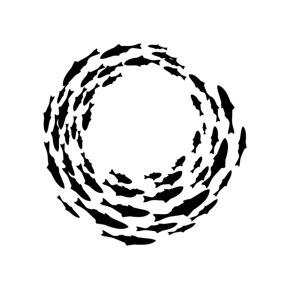 Circle shoal and fish school vector silhouette