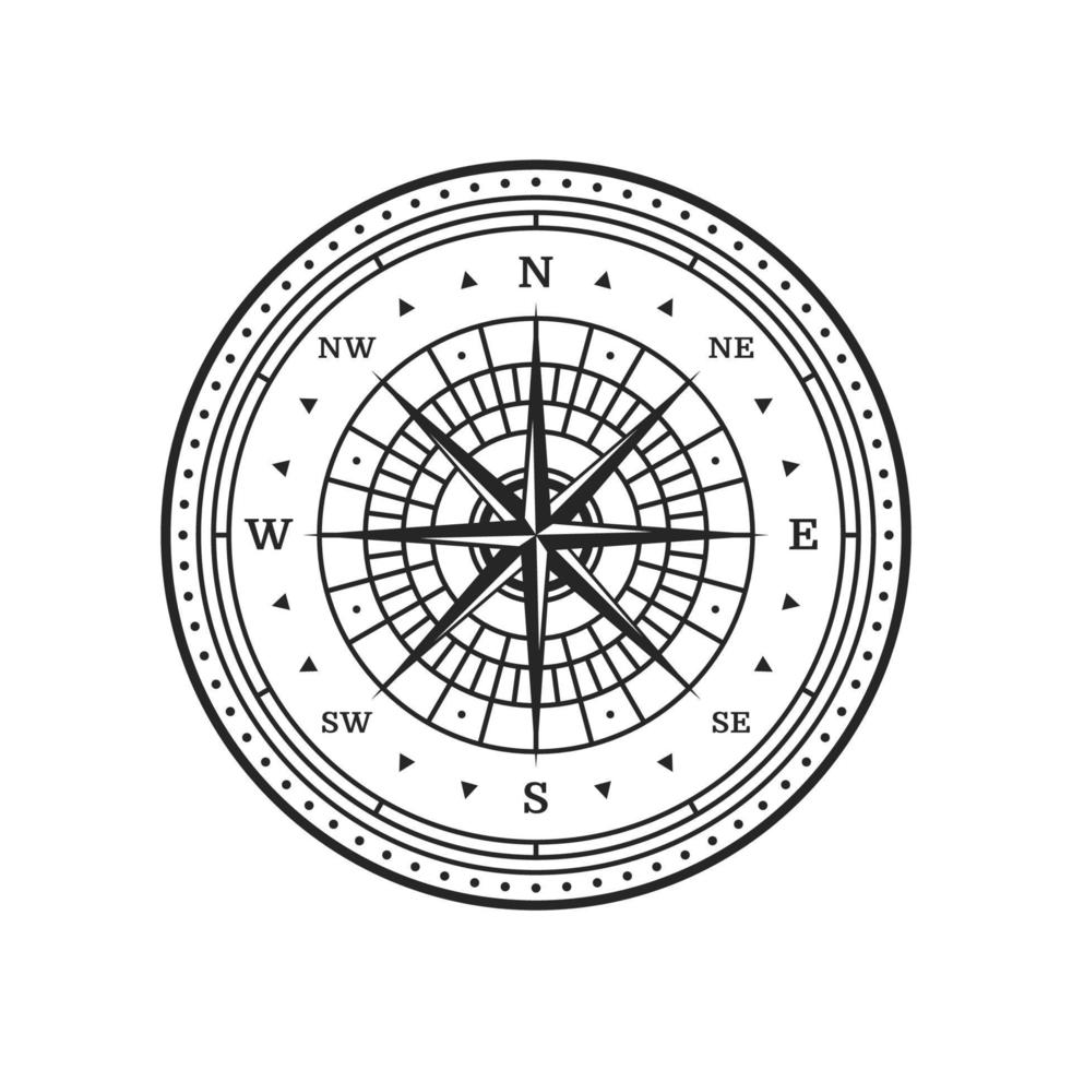 Old compass wind rose of vintage map, sea travel vector