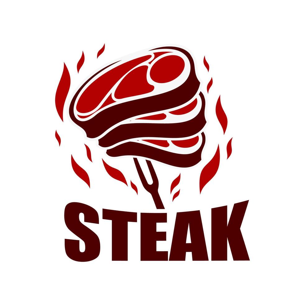 Steak grill BBQ icon, steakhouse meat, fork, fire vector