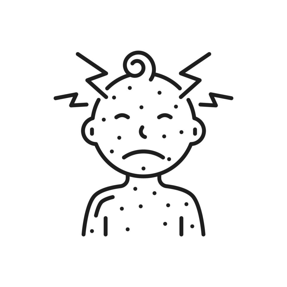 Child boy with chicken pox, skin rash outline icon vector