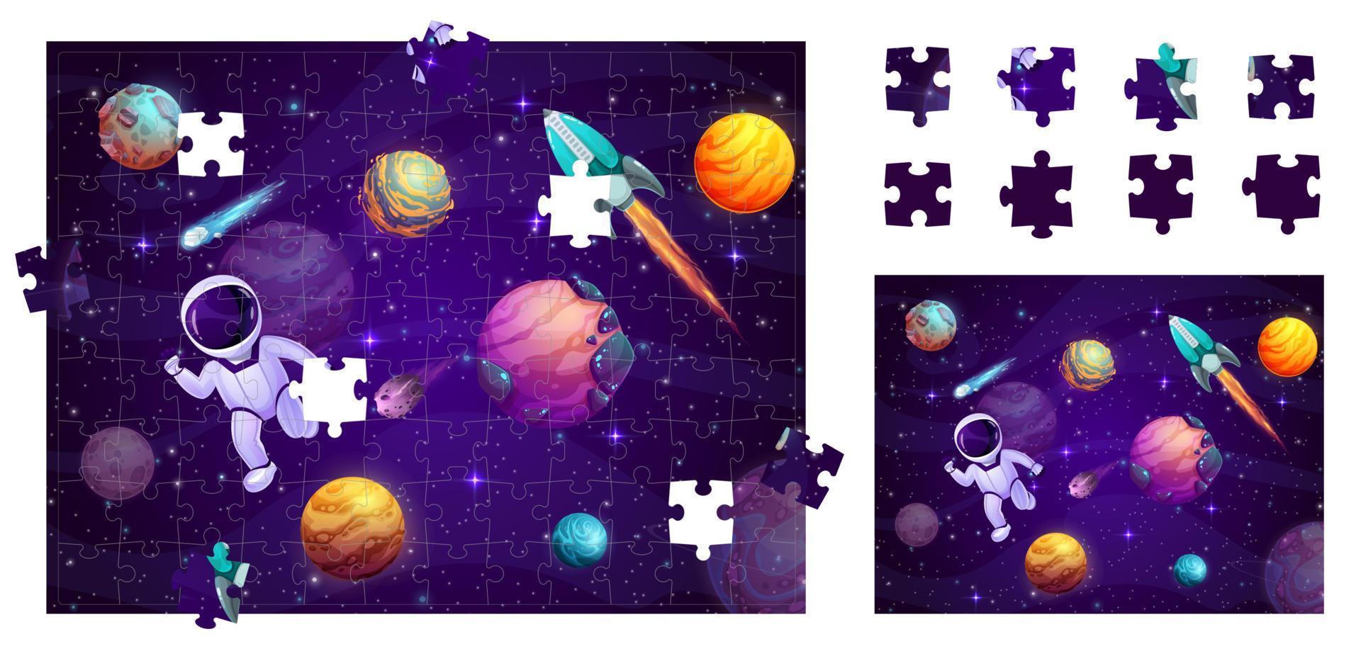 Jigsaw puzzle space game pieces, cartoon riddle vector