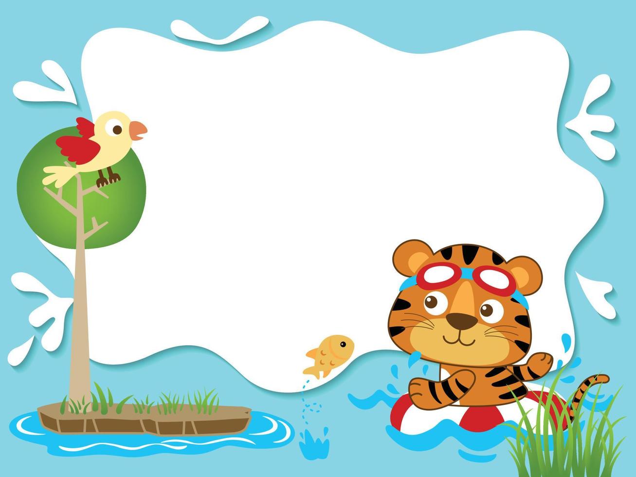 Vector cartoon of blank empty sign, tiger swimming using lifebuoy in river, bird on tree