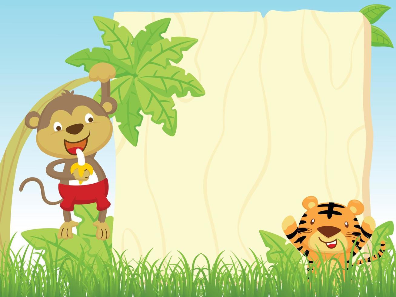 Vector illustration of wooden sign banner, cartoon monkey hanging on banana tree holding banana, tiger in bush