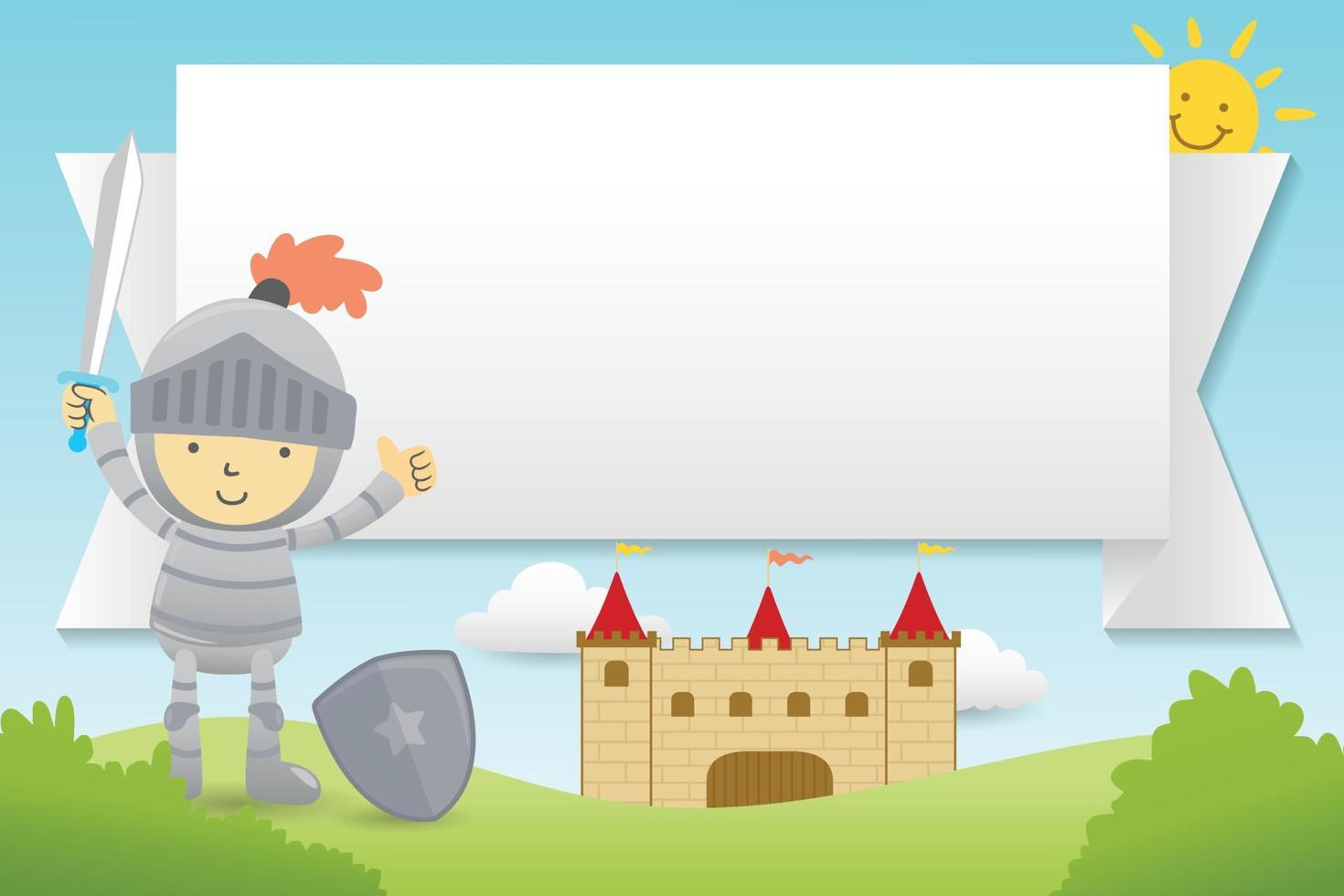 Vector illustration of cartoon knight on castle background with banner, fairytale elements