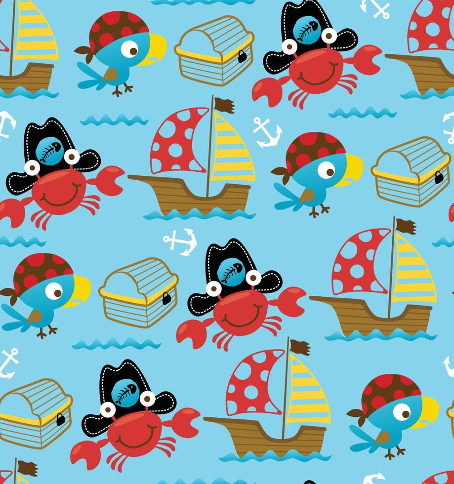 Vector seamless pattern of sailing pirate elements cartoon with funny parrot and crab in pirates cap