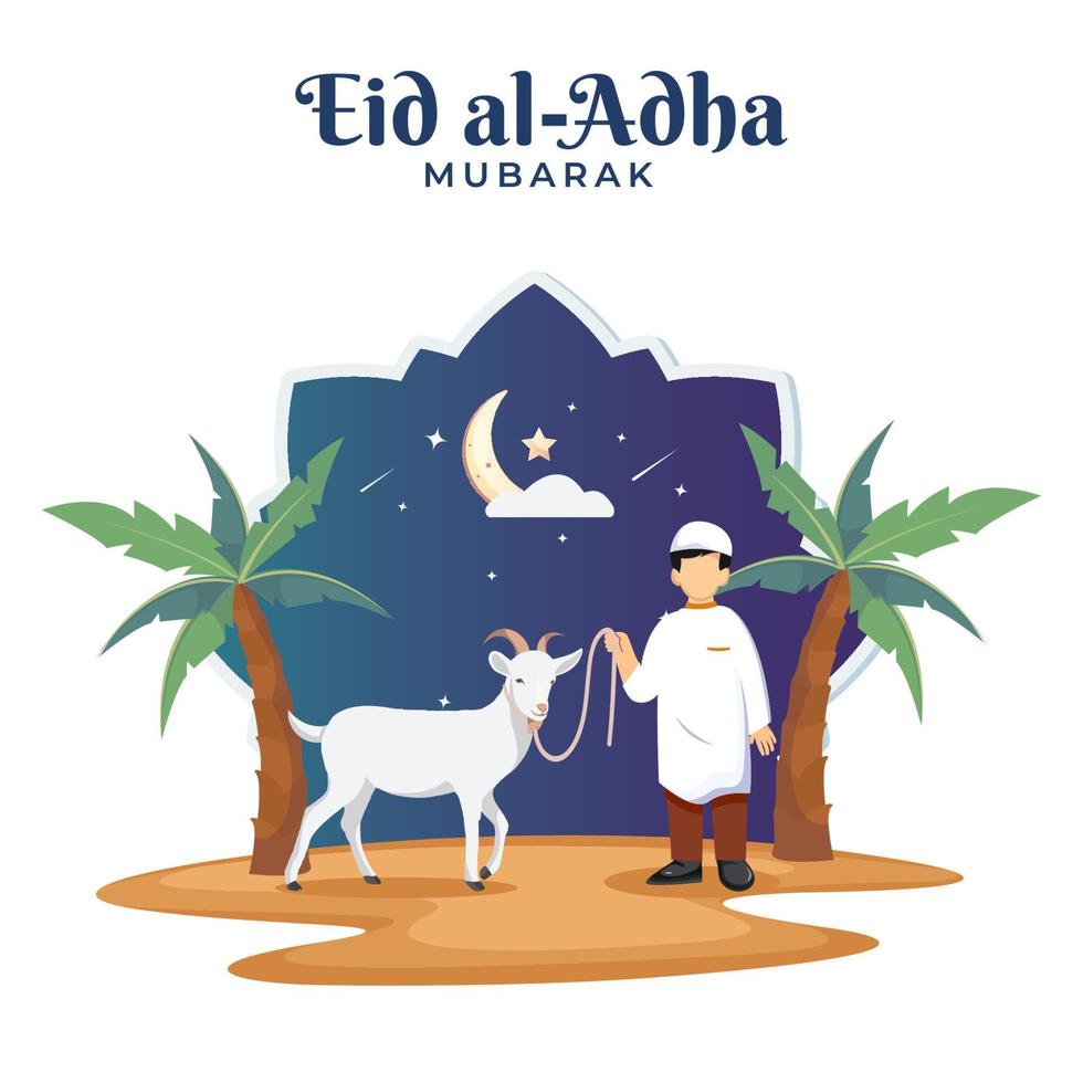 Happy Muslim family celebrates Eid Al Adha Mubarak with a goat. Flat vector template illustration