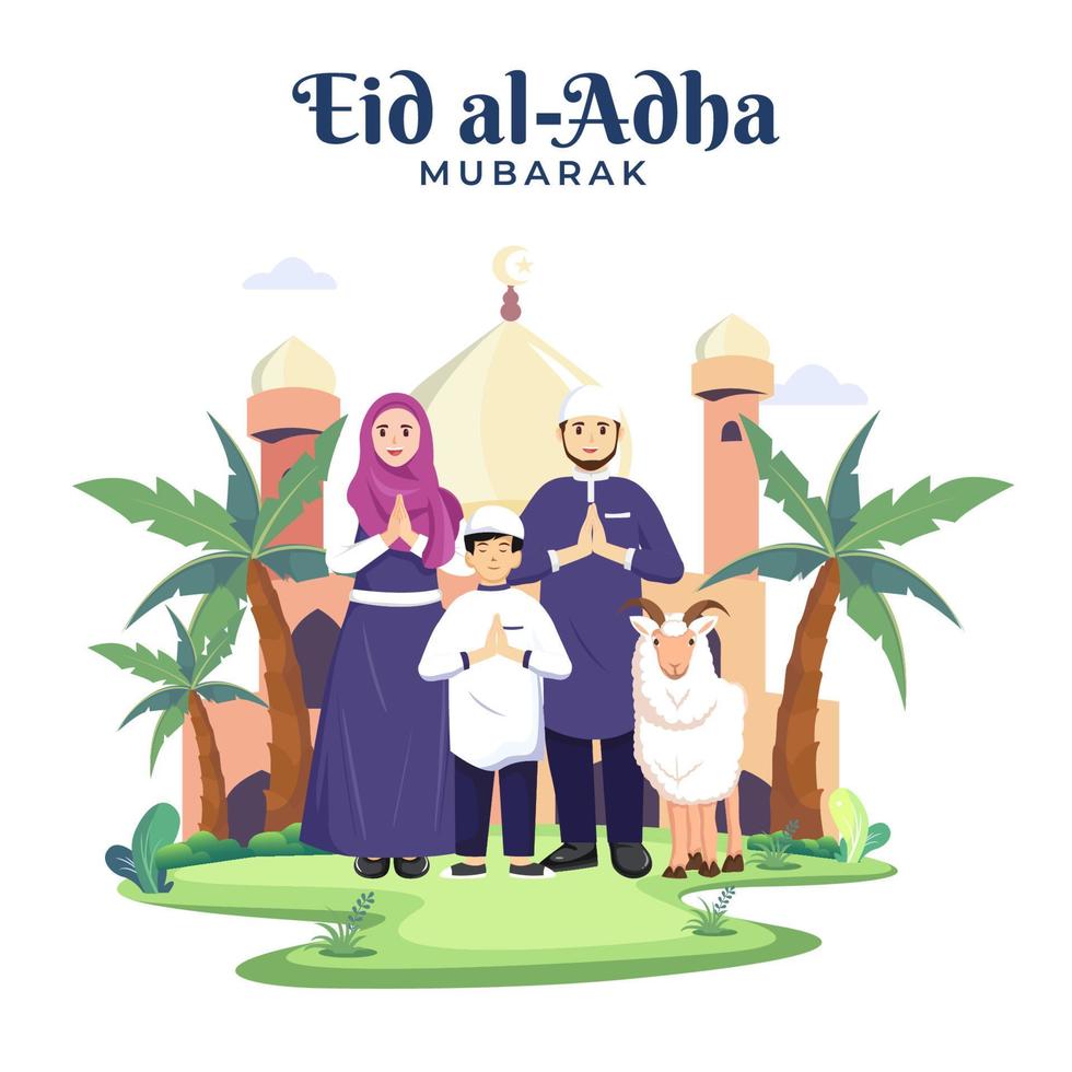 Happy Muslim family celebrates Eid Al Adha Mubarak with a goat. Flat vector template illustration