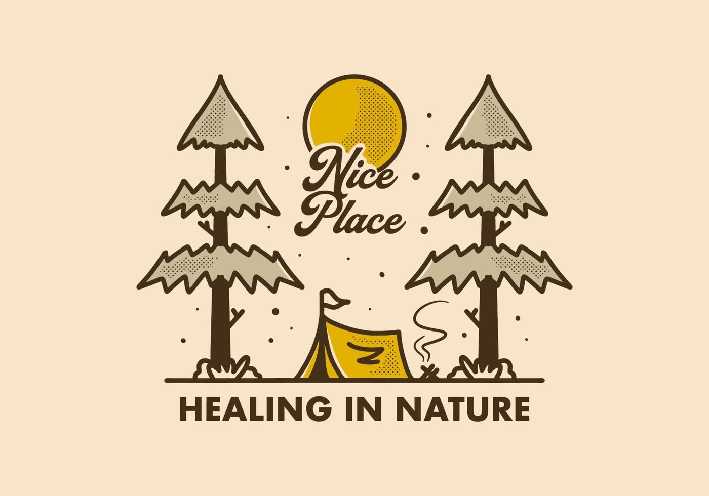 Vintage illustration of camping tent and two pine trees vector