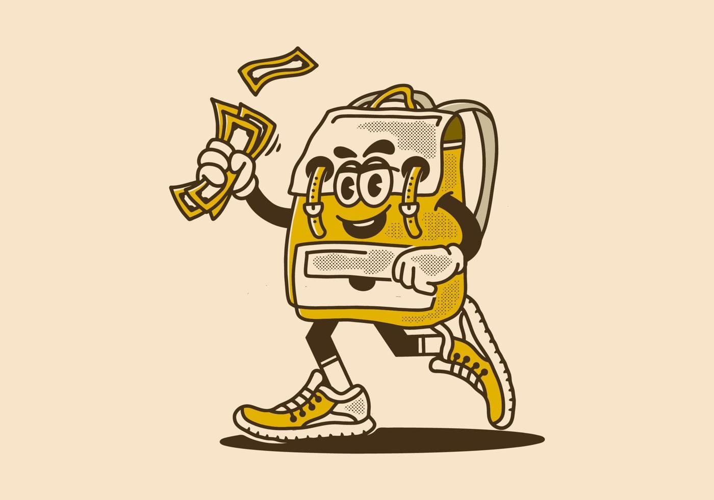Vintage mascot character of kid bag holding money vector