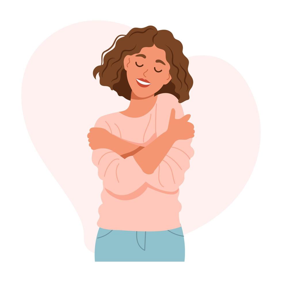 amor tú mismo. bonito joven mujer abrazando sí misma. amor tu cuerpo concepto. plano estilo ilustración, vector