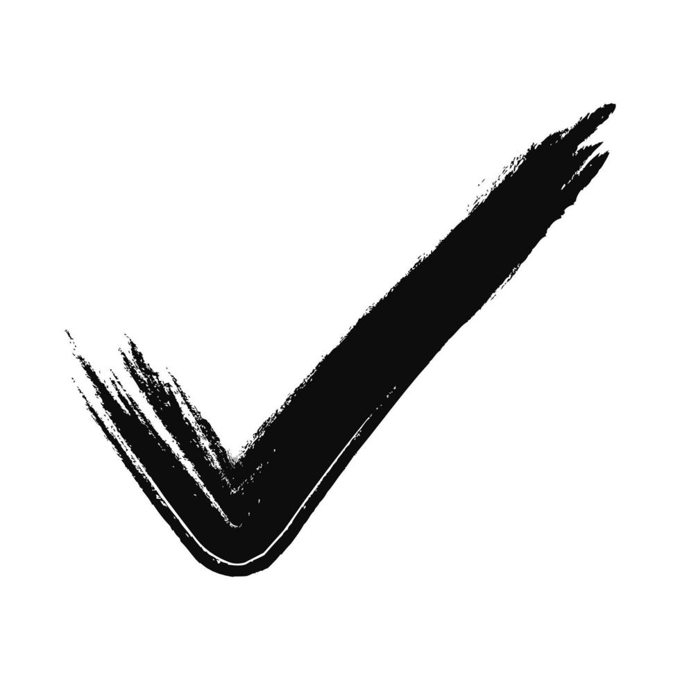 Black check mark on a white background, painted with a grunge brush. Icon, vector