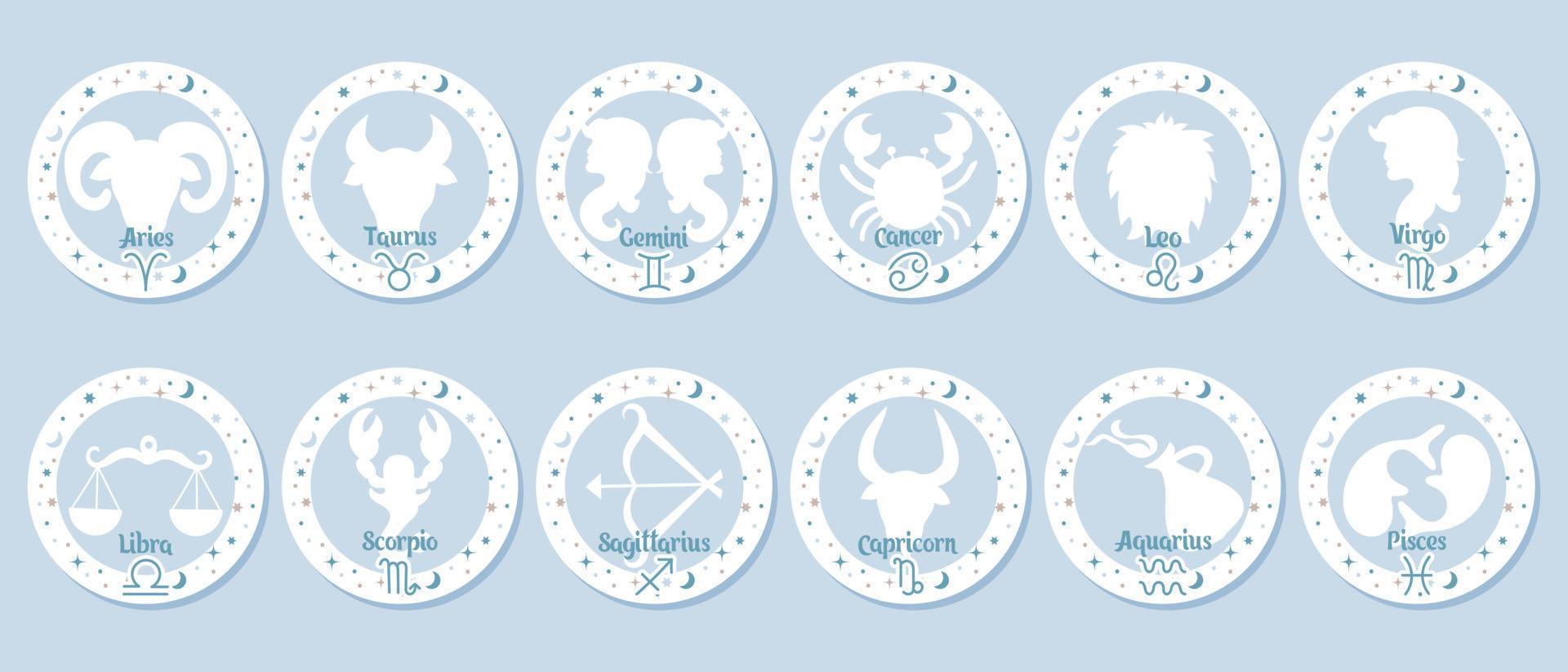 Astrology zodiac signs set, mystical round icons. Esoteric symbols for logo or icons. Pastel colors, vector