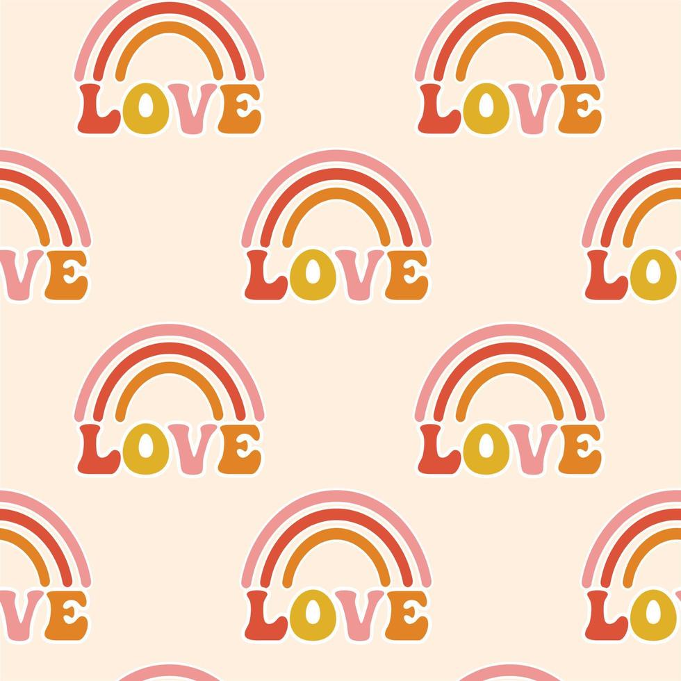 Seamless pattern, rainbows with the word love on a pink background. Retro groove design 70s style. Print, textile, vector