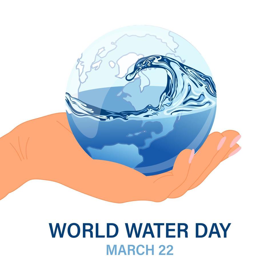 World Water Day, 3d planet with water splash in human hand. Ecological concept. Banner, poster, postcard, vector