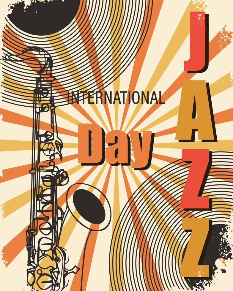 Vintage poster for International Jazz Day. Saxophone with piano keys. Retro poster, banner, vector