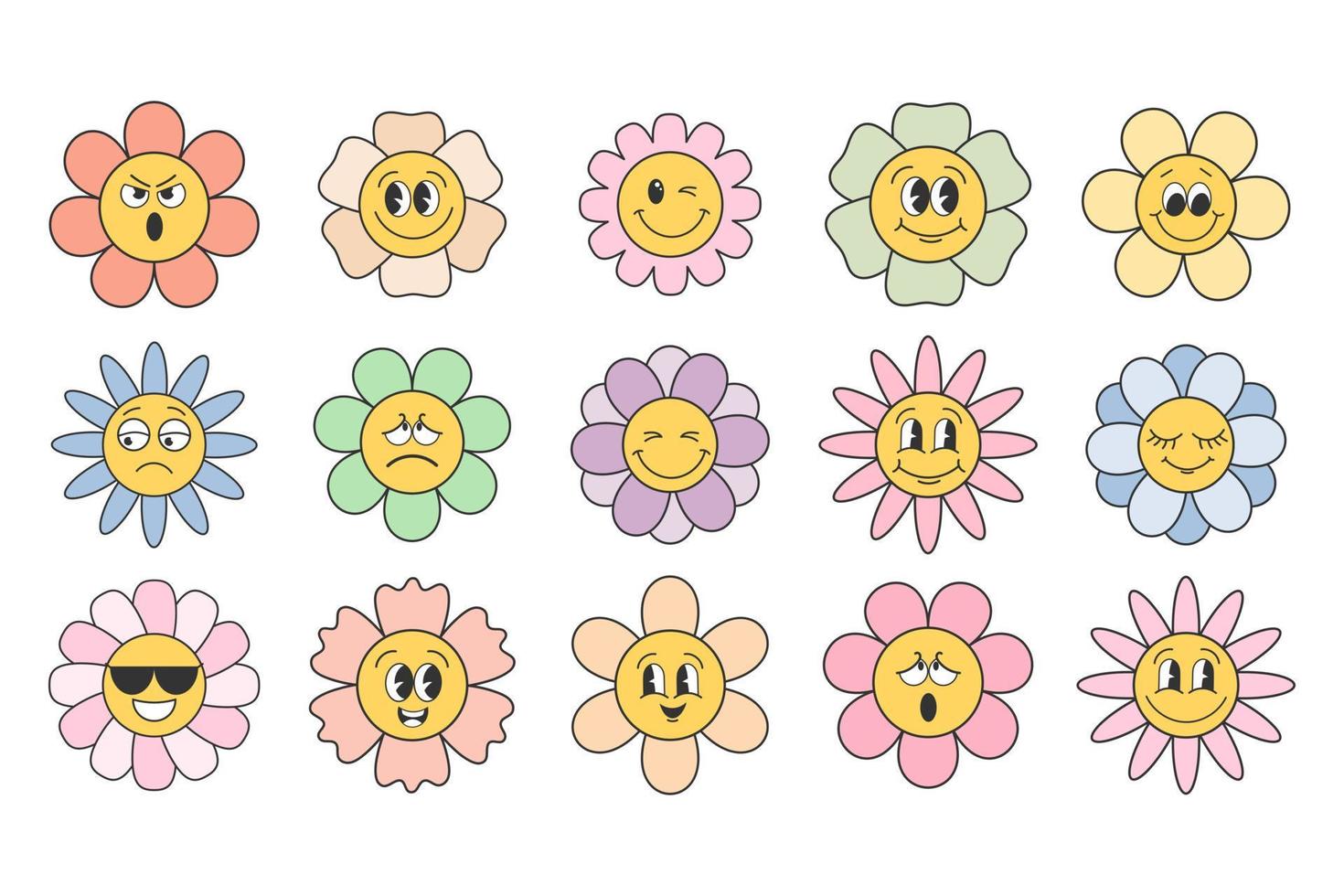 Set of cartoon flowers with different faces. Set of cute funky hippie flowers. Retro 70s atmosphere, psychedelic groove elements. Icons in cartoon style, vector