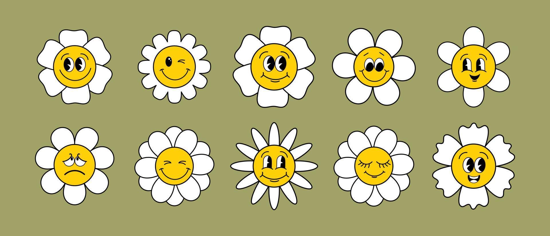 Set of cartoon flowers with different faces. Set of cute funky hippie flowers. Retro 70s atmosphere, psychedelic groove elements. Icons in cartoon style, vector