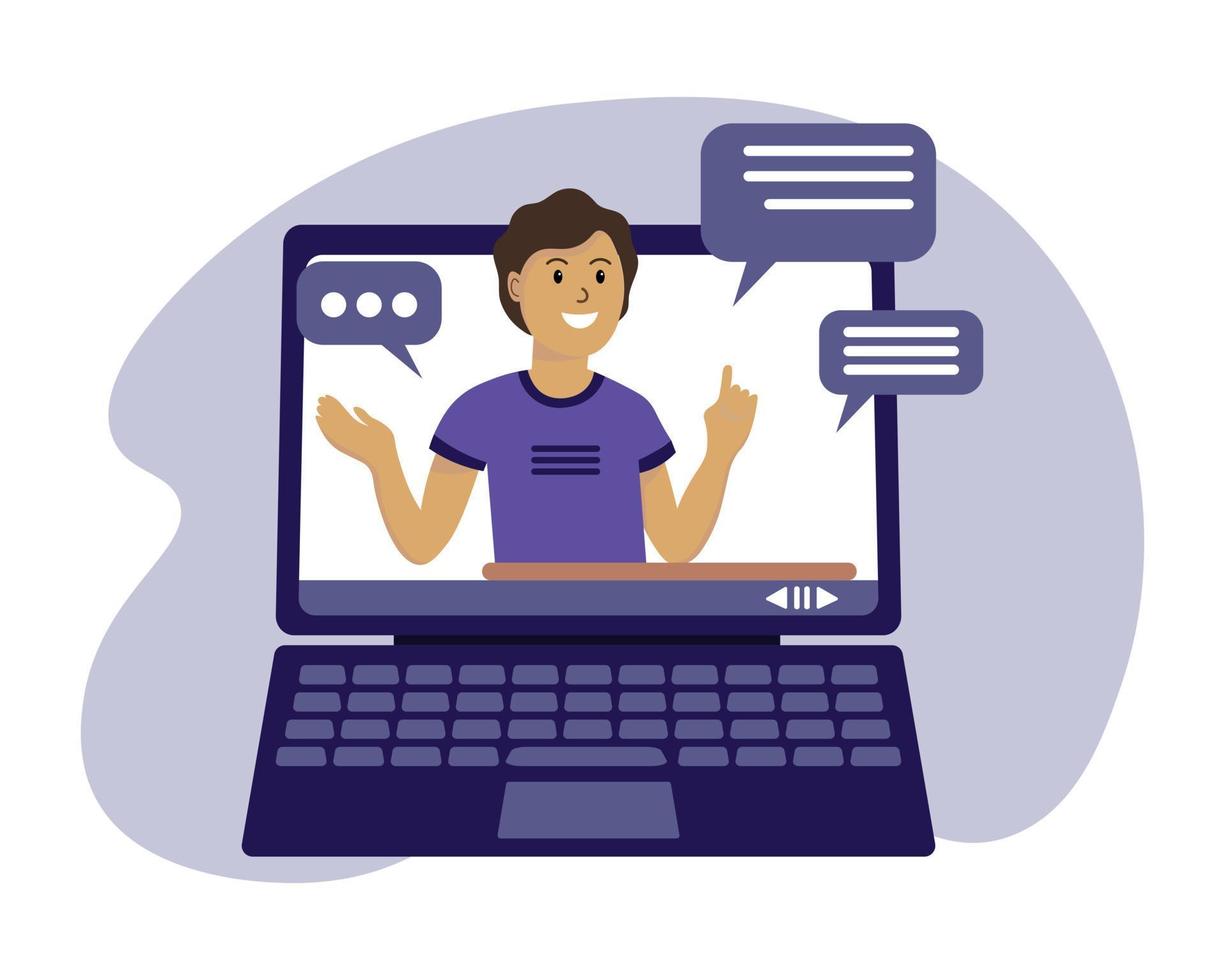 Male blogger with a microphone in the screen of a smartphone. Flat style illustration, vector
