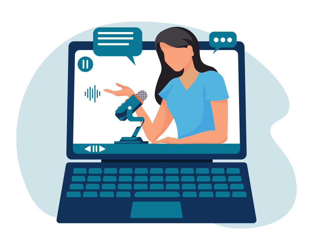 mujer blogger con micrófono en computadora pantalla. plano estilo ilustración, vector