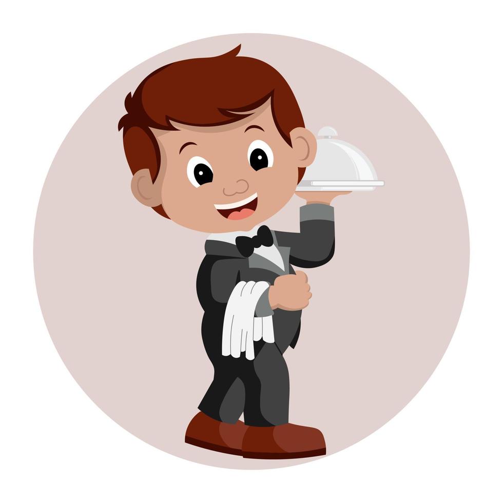 Cheerful restaurant waiter with a tray and a towel. Illustration in flat cartoon style, icon, vector