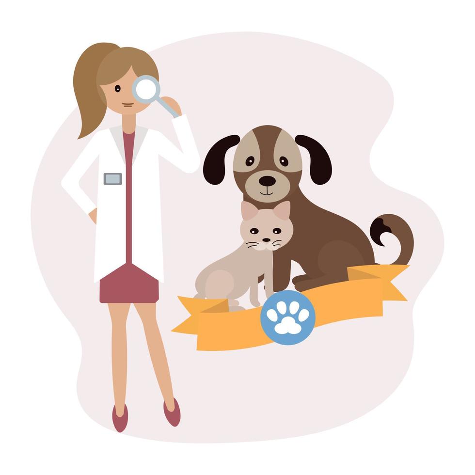 mujer veterinario y perro con gato medico concepto. vector, plano estilo ilustración vector